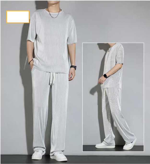 Îmbrăcăminte pentru bărbați, costum sport din mătase glacială, vară pentru bărbați, subțire, casual, pantaloni lungi, tricou cu mânecă scurtă, set de haine cu drapaj și uscare rapidă_voghion.com