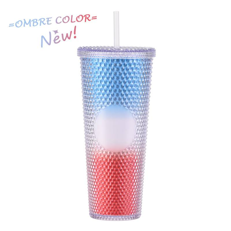 Tazza di paglia di plastica a doppio strato, grande capacità, creativa, 710 ml, tazza di durian, tazza portatile, tazza con gradiente arcobaleno che cambia colore luminoso_voghion.com