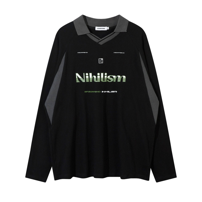 Herrenbekleidung Retro Kontrastfarbe Spleißen Rennanzug V-Ausschnitt Polo Lose Männer Und Frauen Langarm Sweatshirt Herbst Und Winter_voghion.com