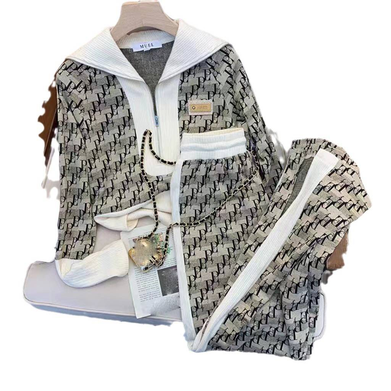 Vêtements pour femmes début d'automne mode haut de gamme style décontracté pull tricoté pantalon large costume deux pièces_voghion.com