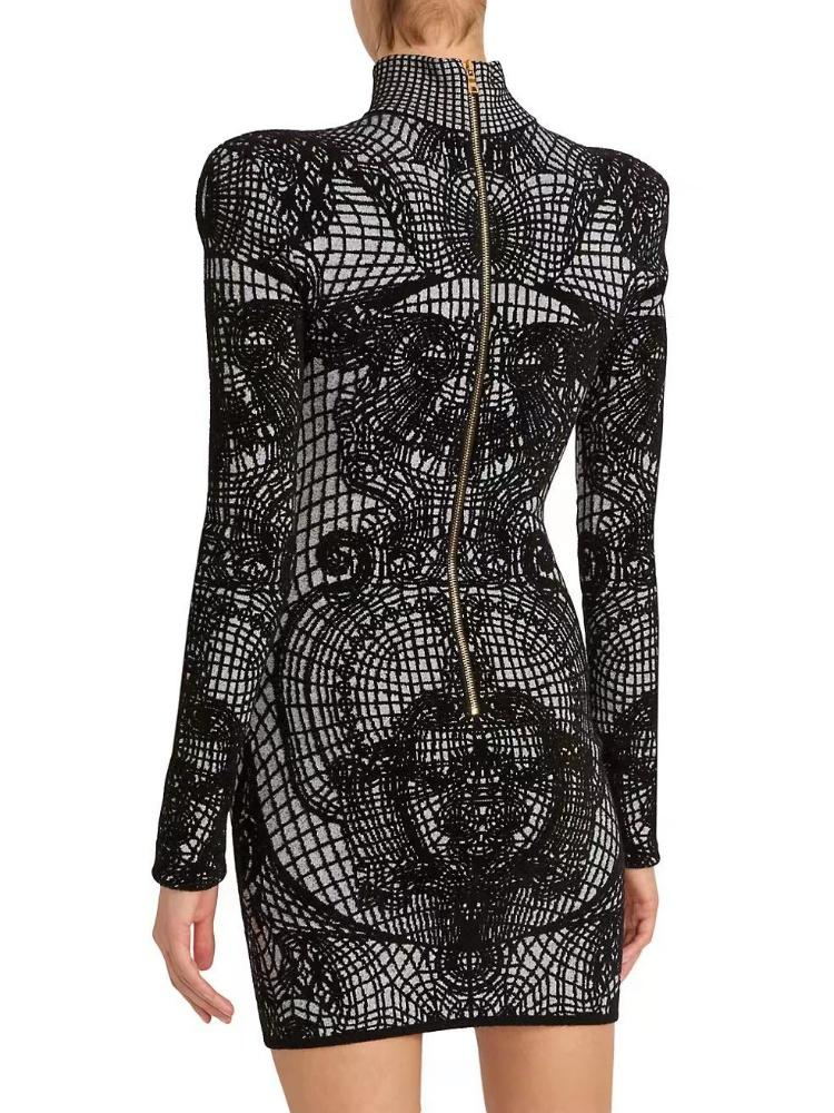 Elegant Black High-Neck Long Sleeve Bodycon Knit Sweater Dress For Women - Slim Fit Stretchy Ribbed Pullover Mini Dress With 3D Embroidery_voghion.com