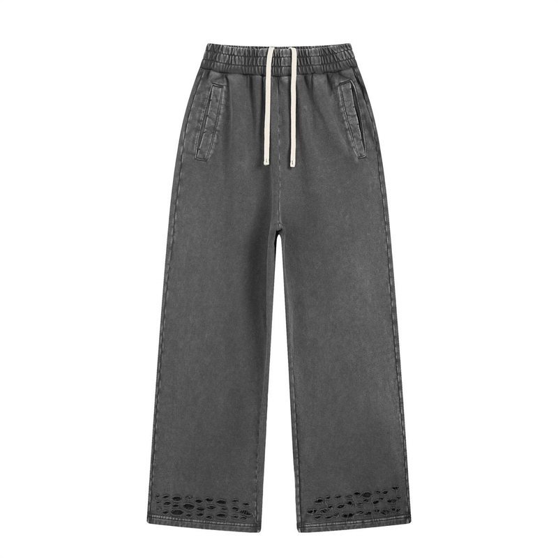 Men's Distressed Straight Leg Pants - High Street Fashion Vintage Washed Cotton Trousers With Ripped Details (S-XXL, Black/Gray)_voghion.com