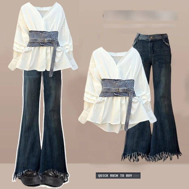 Plus Size Women's Autumn Outfit Inspired Waist Cinching Shirt & Slimming Jeans Two-Piece Set Fashion Trends_voghion.com
