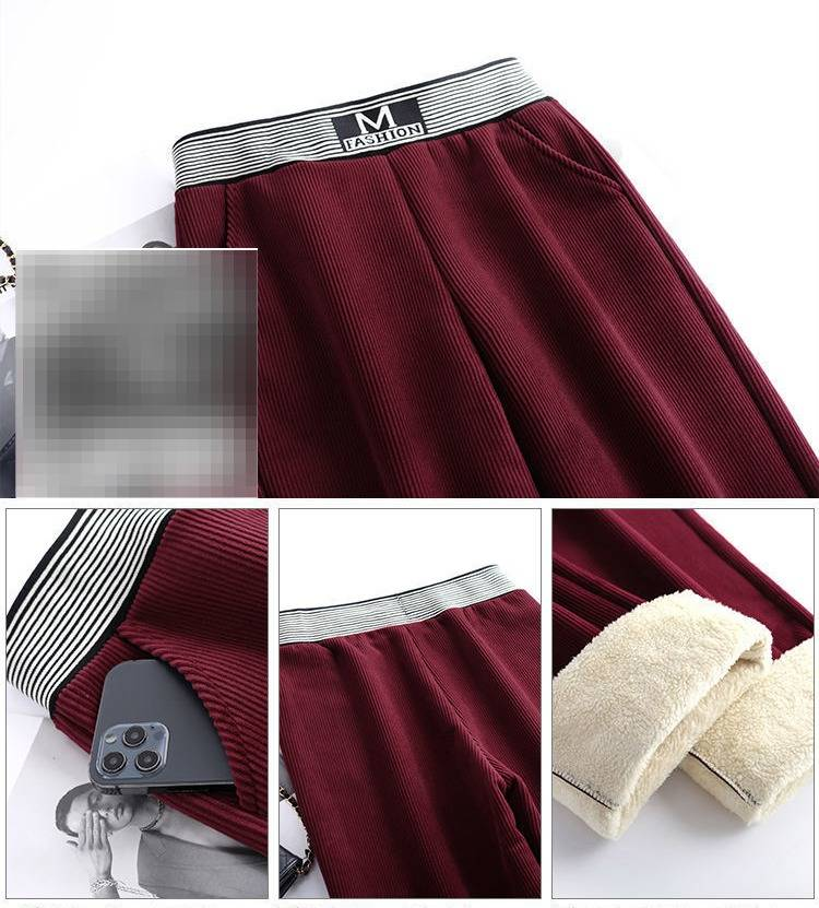 Pantaloni da donna a vita alta in velluto a coste con gamba larga - Pantaloni invernali spessi e foderati in pile, con taglio dritto e drappeggio fluido_voghion.com