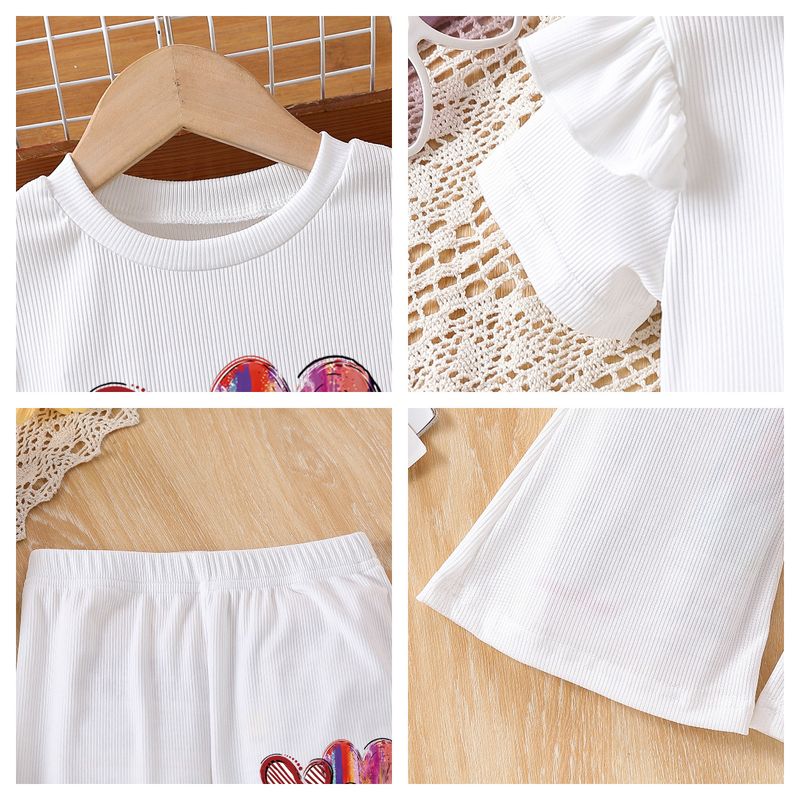 Mutter & Kinder Mädchen mode liebe gedruckt kurzarm hosen zwei-stück sommer rundhals spitze ärmel top anzug_voghion.com