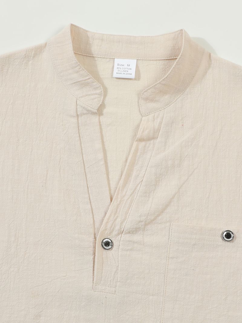 Camicia da uomo a maniche corte in lino e cotone – Collo alto traspirante, vestibilità comoda, casual (S-XXXL, blu navy/bianco/albicocca)_voghion.com