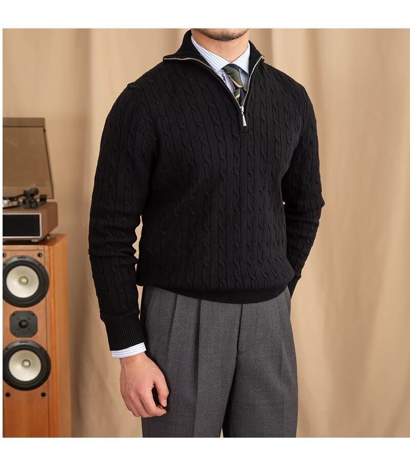 Men's Clothing Cozy Retro Zip-Up Knit Sweater For Men & Women, Soft Pullover With Embroidered Badge, Loose Fit Casual Wear, Black/White, Sizes M-3XL_voghion.com