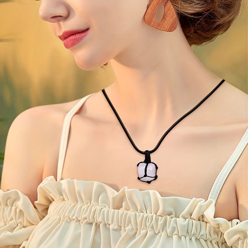 Hand-Woven Amethyst & Agate Pendant Necklace - Irregular Raw Stone Woven Net Bag Sweater Chain For Boho & Hippie Style (18")_voghion.com