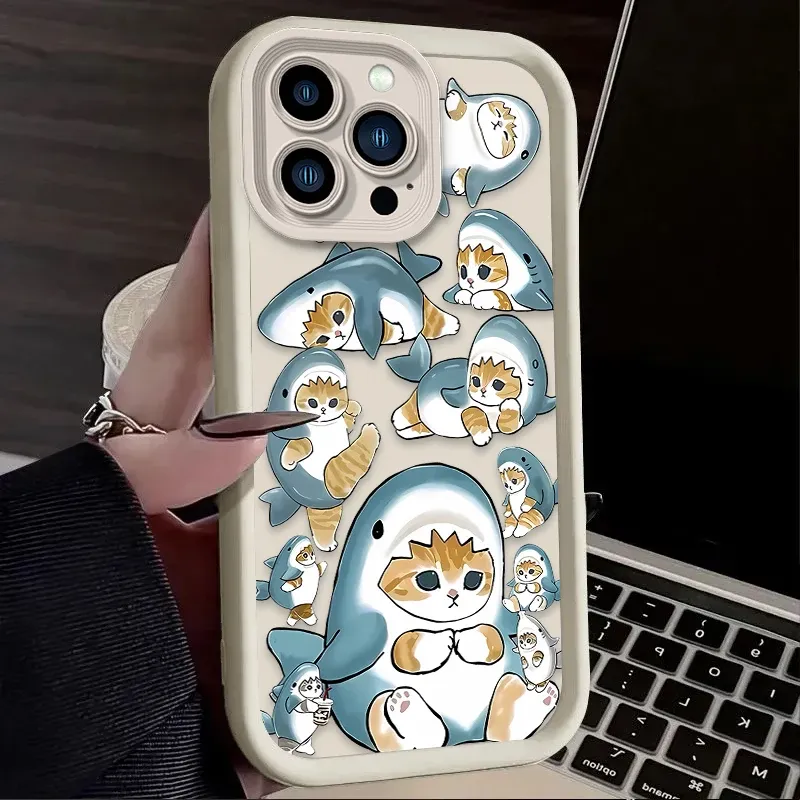 Lustige Mofusand Shark Cat Matte Hülle für iPhone 16 15 14 13 12 11 Pro Max X XS X S Max XR SE 2020 7 8 Plus iPhone 16 Rückseite_voghion.com