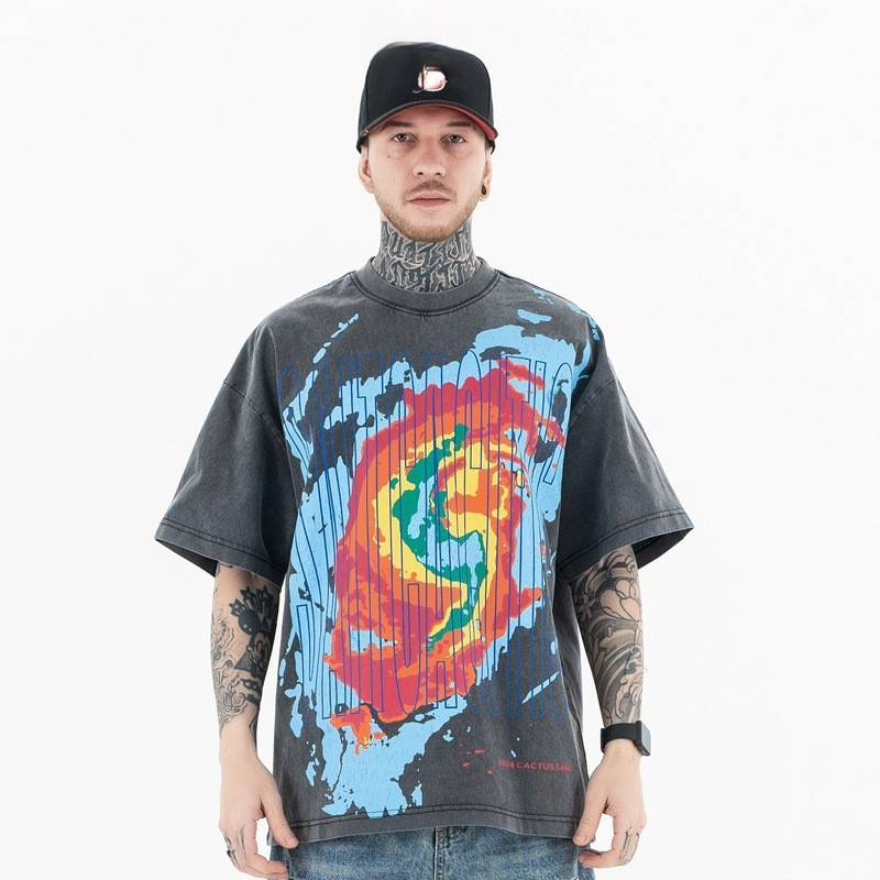 Herrenbekleidung Neue Trendmarke Thermal Imaging Burst Print Vintage Distressed Loose Kurzarm-T-Shirt_voghion.com