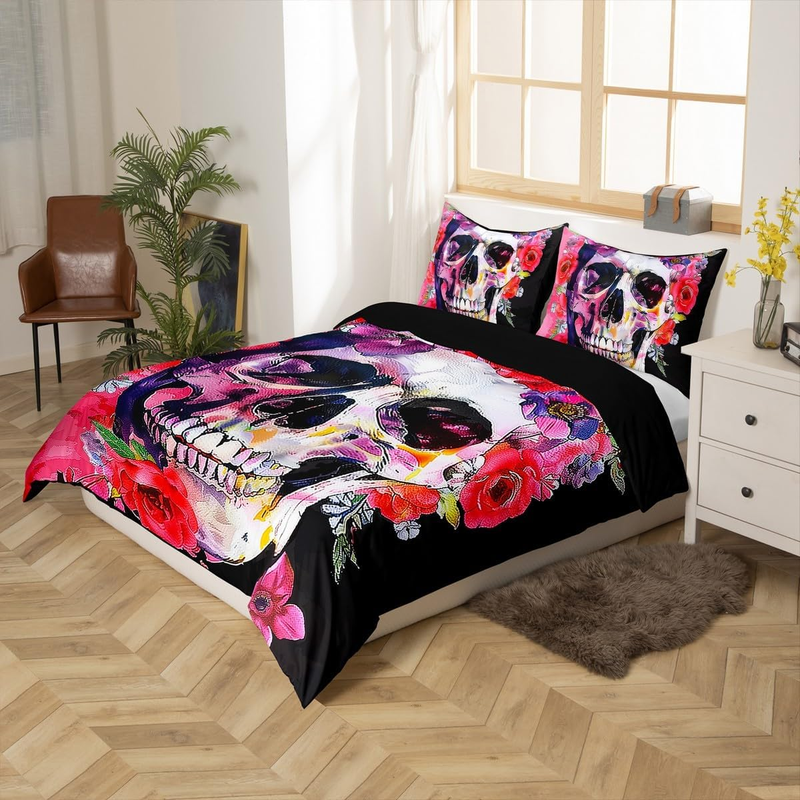 Copripiumino con teschio, copripiumino con scheletro gotico per lettino per bambini, set di biancheria da letto con fiori ad acquerello, set di biancheria da letto a tema Halloween con decorazioni per la camera da letto._voghion.com