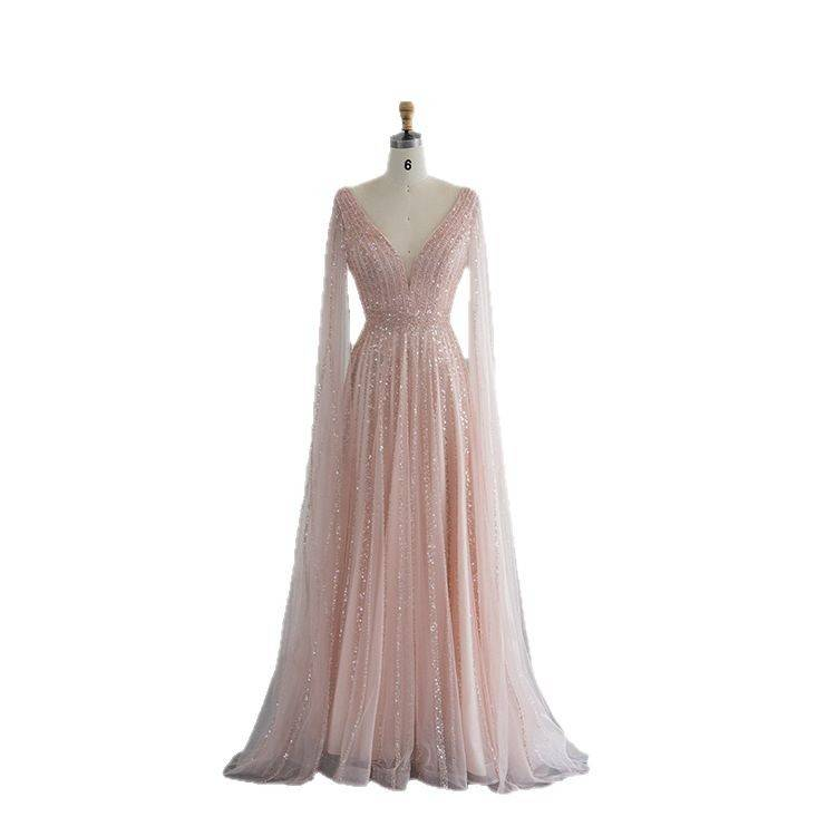 Women's Clothing Luxury Floor-Length Evening Gown With Flowing Sleeves – Slimming V-Neck, Waist-Cinching Design (Champagne/Pink/Blue/Green)_voghion.com