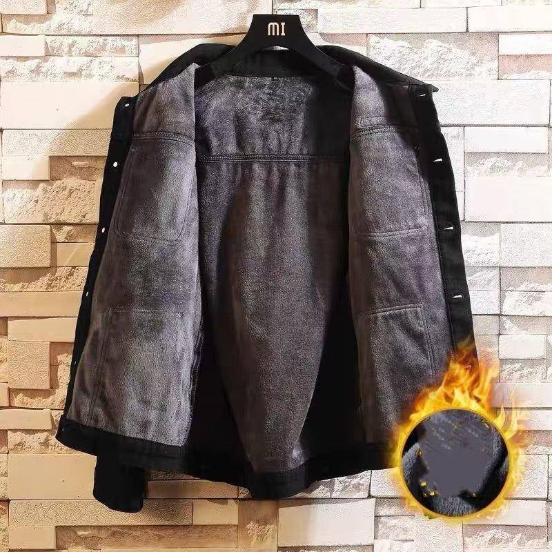 Men's Winter Fleece Lined Denim Jacket - Loose Fit Casual Workwear Coat, Thickened Warm Stylish Oversized Utility Jacket For Fall & Winter_voghion.com