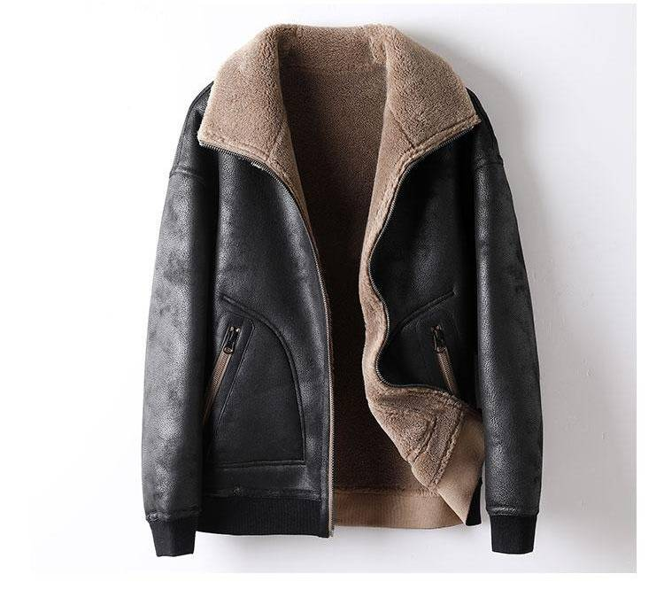 Męska dwustronna kurtka typu bomber z owczej skóry – zimowy płaszcz z kapturem i podszewką ze sztucznego futra (M-6XL, szary/khaki)_voghion.com