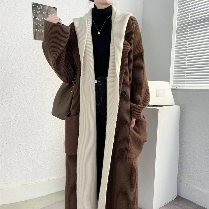Cardigan lungo con cappuccio oversize da donna - Cappotto spolverino a strati in maglia spessa con dettaglio cintura, comodo capo invernale a strati in beige/grigio/nero_voghion.com