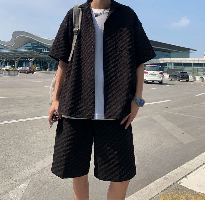Summer Lightweight Casual Sports Men's White Short Sleeve Shirt Straight Waffle Shorts Set_voghion.com