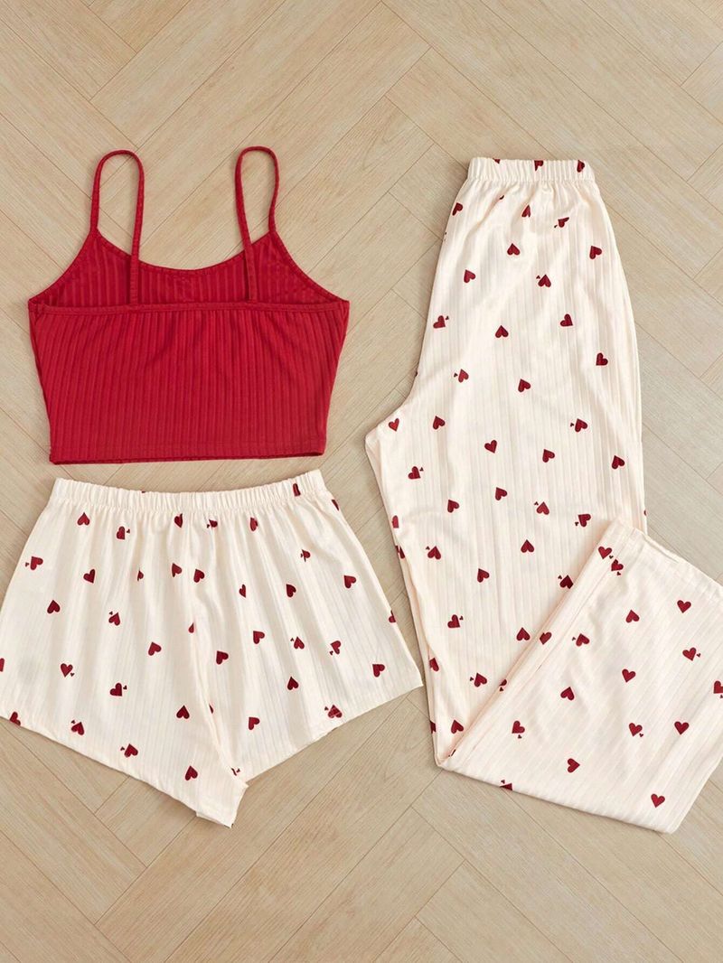 Women's Clothing Three Piece Home Clothes Striped Heart Printing Casual Vest Pajamas Suspenders And Short Pants Suit_voghion.com