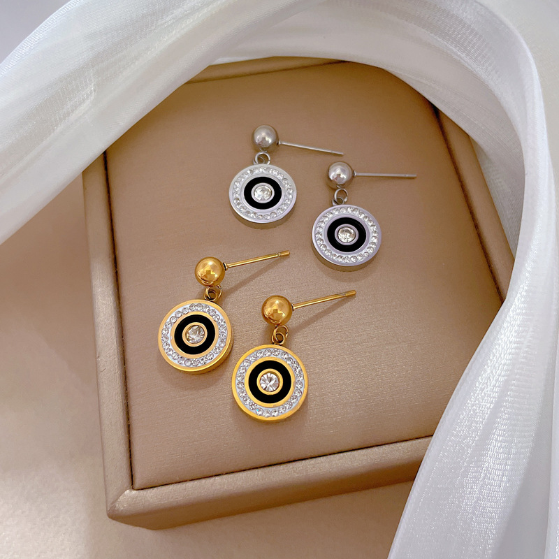 Korean Round Crystal Earrings For Women Man Stainless Steel Roman Numeral Pendant Small Earrings Lady 2023 Fashion Jewelry_voghion.com