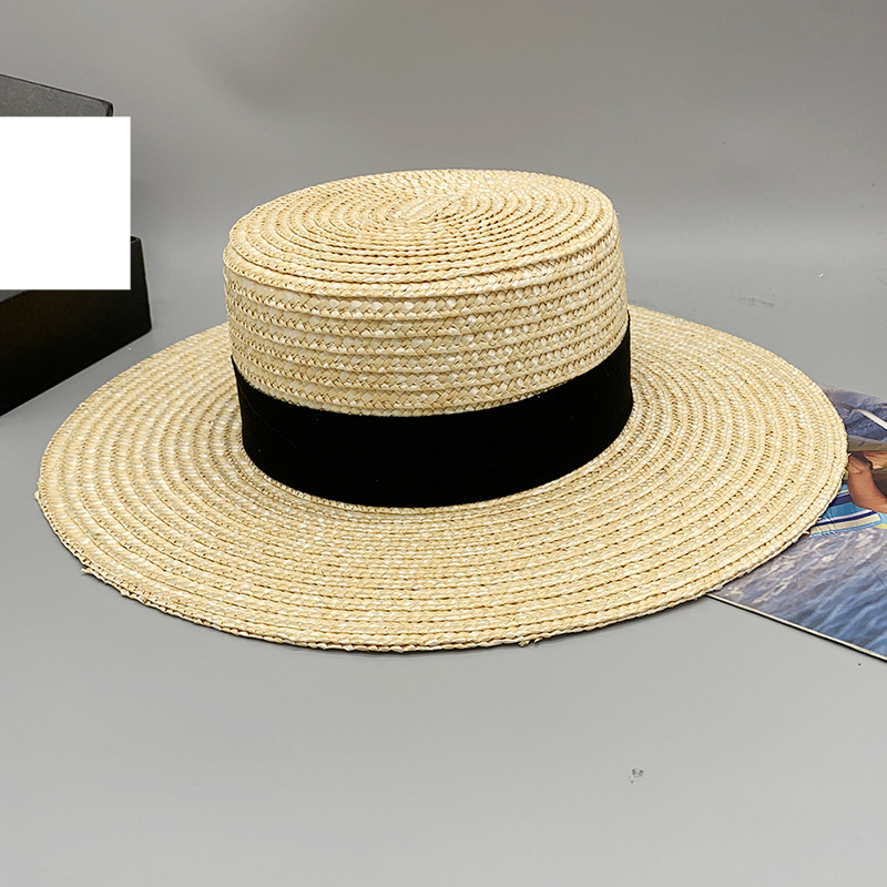 Summer straw braid warp braided monochrome sunshade female flat top big brimmed straw hat travel trip patting hat_voghion.com
