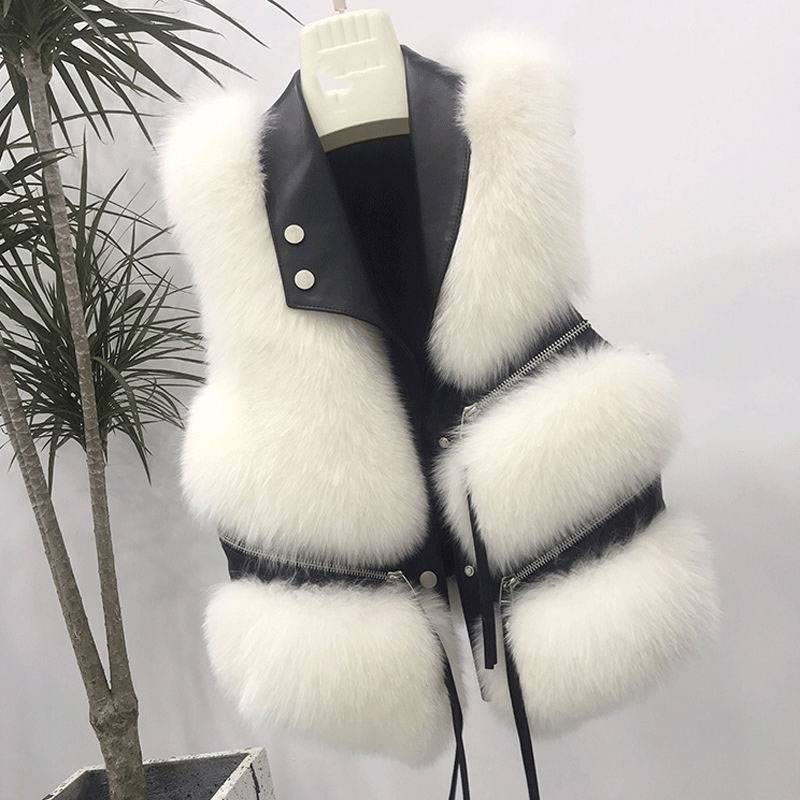 Damenbekleidung Weste Damen Kurzmantel Slim Fit Modisch Spleißen Fuchspelz_voghion.com