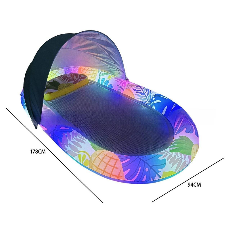 Aufblasbarer Sonnenschutz-Schwimmkörper mit LED-Leuchten, blumenförmiger Lounge-Sessel für Pool, Strand, See, atmungsaktive Netzrückenlehne, U-förmiger Sitz_voghion.com