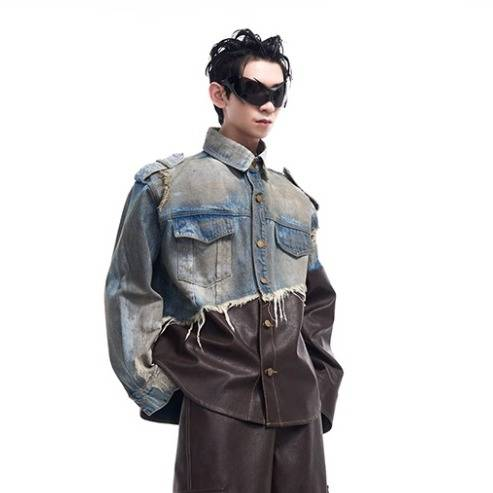 Vintage Distressed Denim Jacket With Leather Panels – Oversized Streetwear Coat (M-4XL, Blue, Washed-Out Aesthetic)_voghion.com