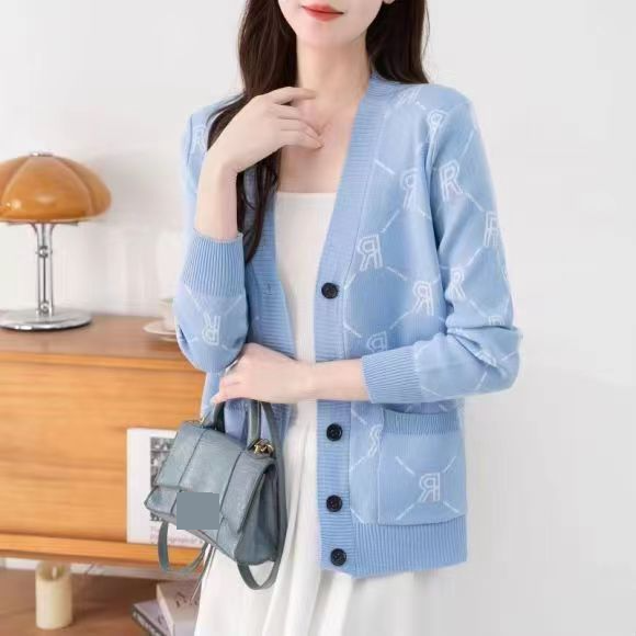 Women's Clothing V-Neck Knit Cardigan – Slim Fit Casual Long Sleeve Open Front Sweater With Pockets, Comfortable Polyester Blend For Fall & Winter_voghion.com