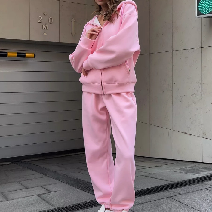 Women's 2-Piece Athletic Set – Zip-Up Hoodie & Jogger Pants (S-XXXL) – Black/Khaki/Pink/Blue – Retro Casual Outfit For Fall_voghion.com