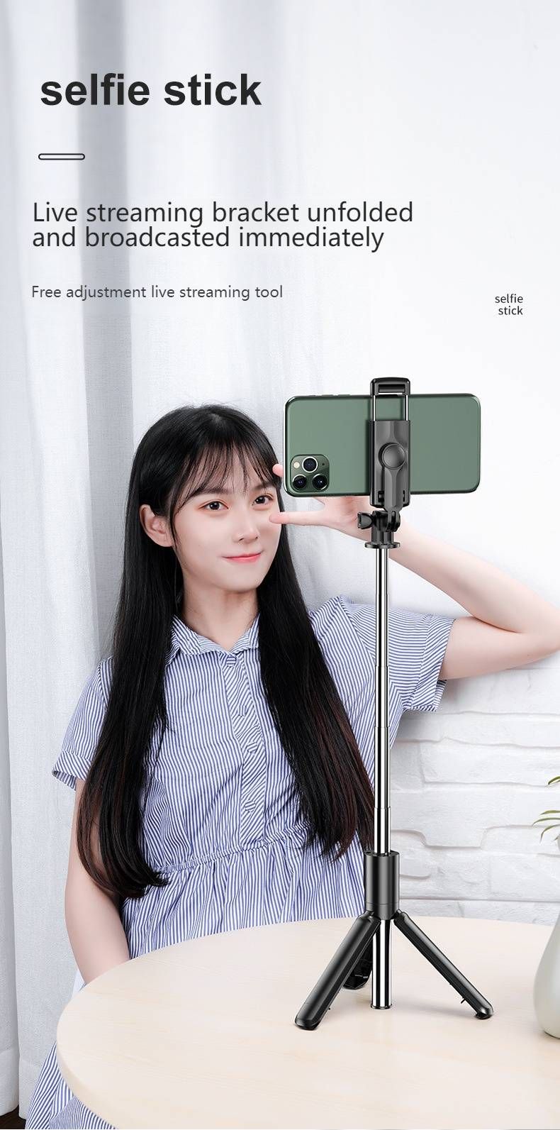 Statyw do selfie Bluetooth ze światłem LED i uchwytem stabilizującym, regulowany stojak na telefon o długości 70–170 cm do vlogowania/transmisji na żywo (czarno-biały)_voghion.com