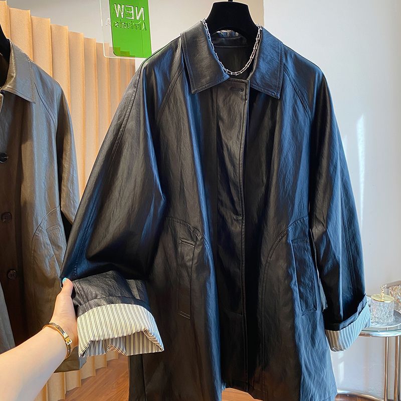 Giacca in pelle di media lunghezza color caffè Melard per donna primavera e autunno 2025, nuovo stile europeo, di alta qualità, ampia e rilassata_voghion.com