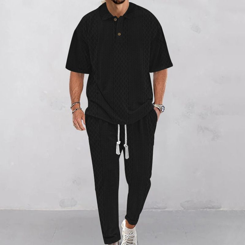 24 Spring/Summer Men's Casual Pants Flip Collar Jacquard Knitted Top Large Set_voghion.com