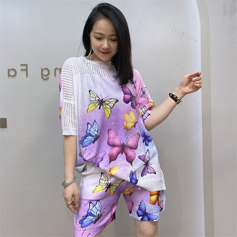 Women's loose short-sleeved shorts two-piece pants suit printed sweater _voghion.com