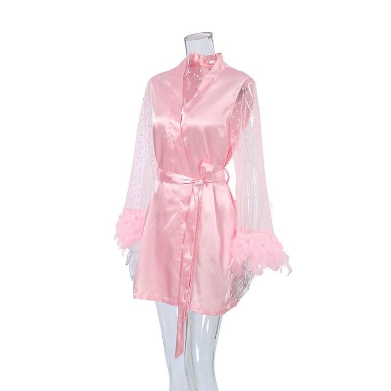 Women's Sleepwears Summer New Simulation Silk Fashion Breathable Pink Feather Mesh Short Nightgown Ladies Home Clothes_voghion.com