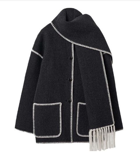 Women’s Fashion Wool-Like Coat – Oversized Tweed Jacket With Scarf & Fringe, Elegant U-Neck, Long Sleeve, Boho Chic_voghion.com
