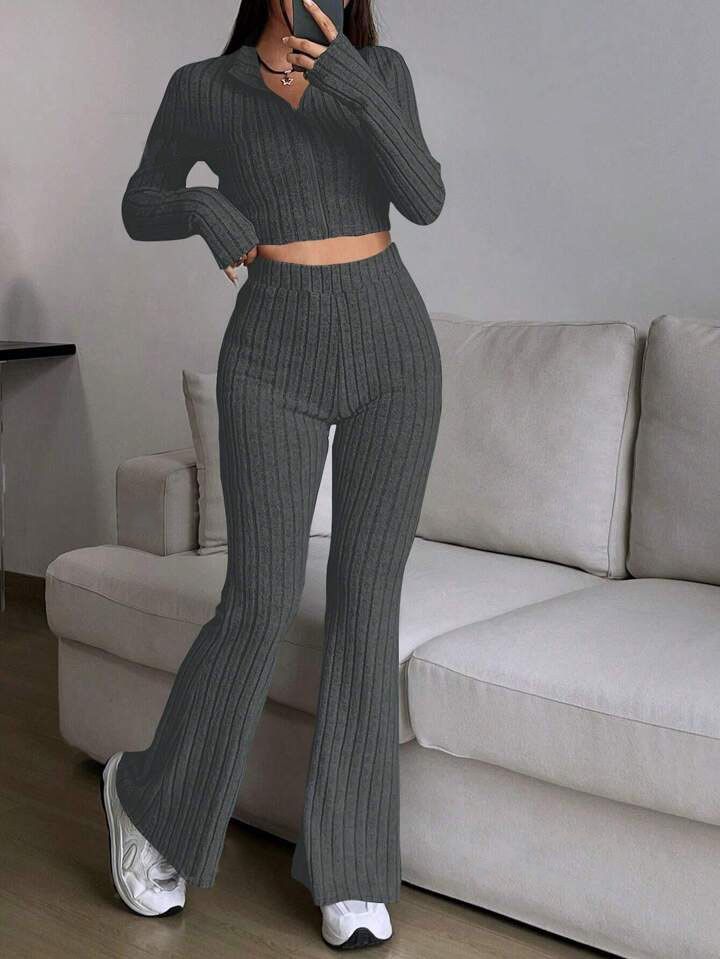 Fashion Solid Color Ribbed Two Piece Set Zipper Long Sleeve Crop Top And High Waist Flared Pants Set Women's Casual_voghion.com
