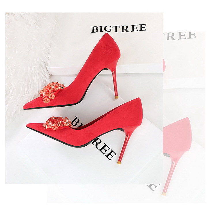 Banquet High Heels Women's with Thin Heels, Suede, Shallow Mouth, Pointed Water Diamond Bow Single Shoes_voghion.com