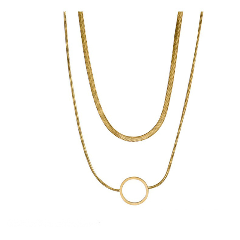 European and American cross-border fashion niche creative high-end double-layer snake chain hollow titanium steel circle pendant accessories necklace_voghion.com