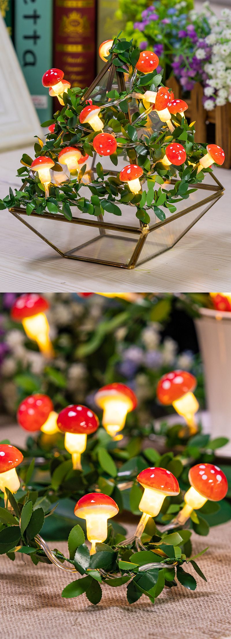 Pilz-Lichterkette, LED, grünes Blatt, Rattan-Licht, blinkendes Licht, Streifen, Pflanze, grünes Blatt, Dekoration, Kupferdraht, Licht, Ostern, kleine farbige Lichter_voghion.com