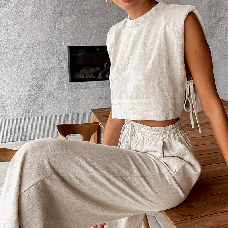 Moda feminina ombro almofada sem mangas blusa e calças de duas peças casual moda algodão linho terno_voghion.com