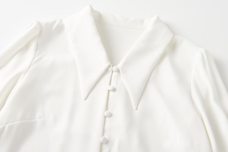 Abbigliamento donna Ripresa reale di una camicia a maniche lunghe primaverile e autunnale, top da donna, scollo a V, maniche a sbuffo, temperamento OL, camicia in raso_voghion.com