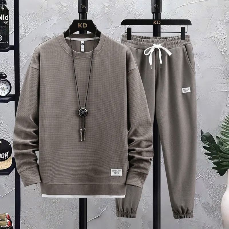 Conjunto deportivo de punto gofrado para hombre: dos piezas transpirables para estar en casa y para la calle (M-5XL, 95 % poliéster, antibolitas, estilo "Run to Campus Core")_voghion.com