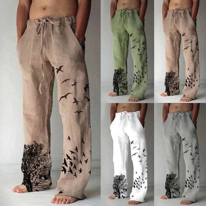 Heren katoenen zomer nieuwe ademende boom- en vogelprint trekkoord linnen broek Fiess streetwear mannelijke dagelijkse casual broek_voghion.com