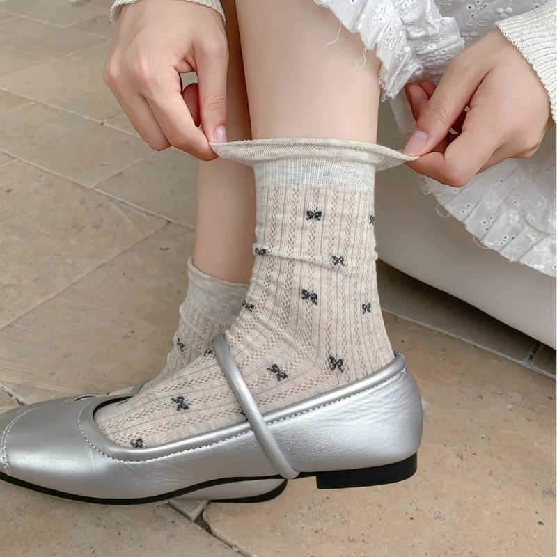 Summer Stacking Socks Thin Women's Summer Long Tube Ballet Crimped Mesh Gray New Bow Medium Tube Miu Series_voghion.com