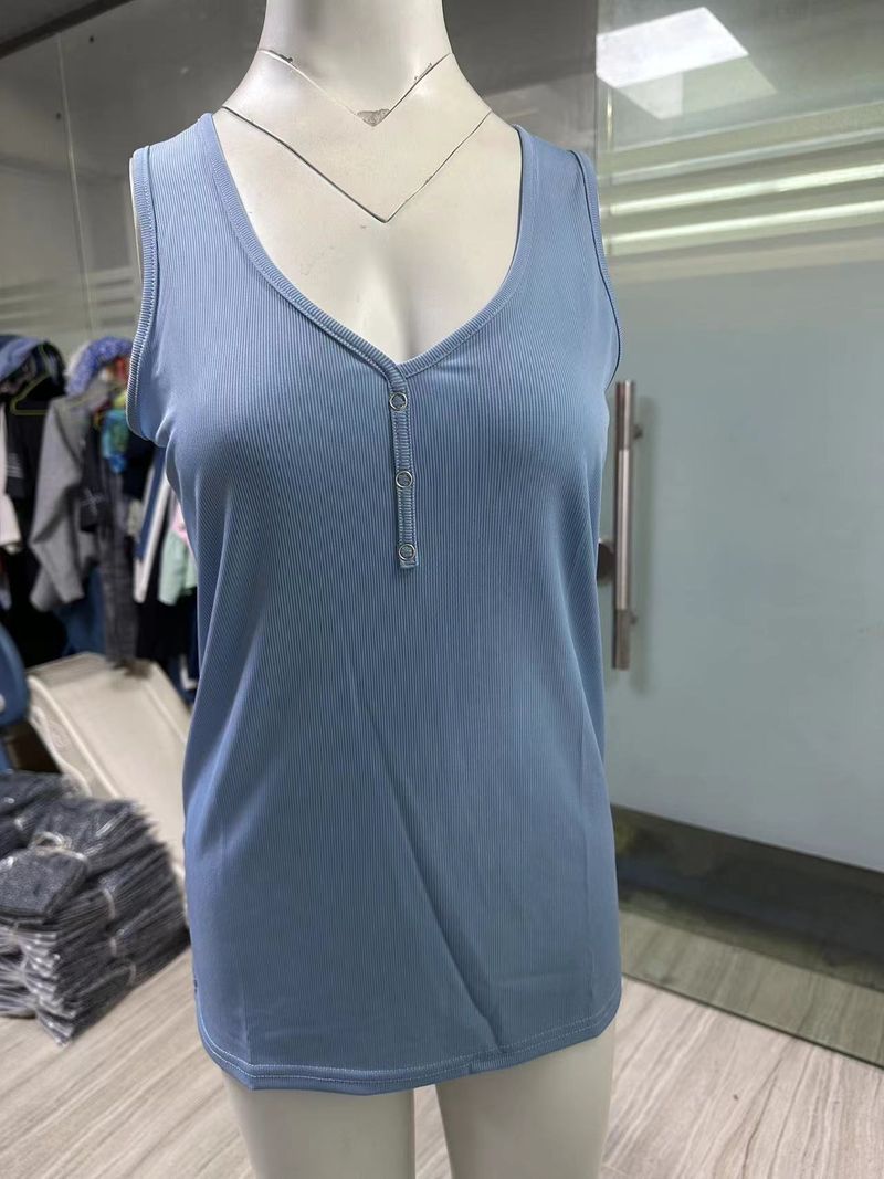 2025 New Women's Button Vest Solid Color V-neck Sleeveless T-shirt Top Creative Creation_voghion.com