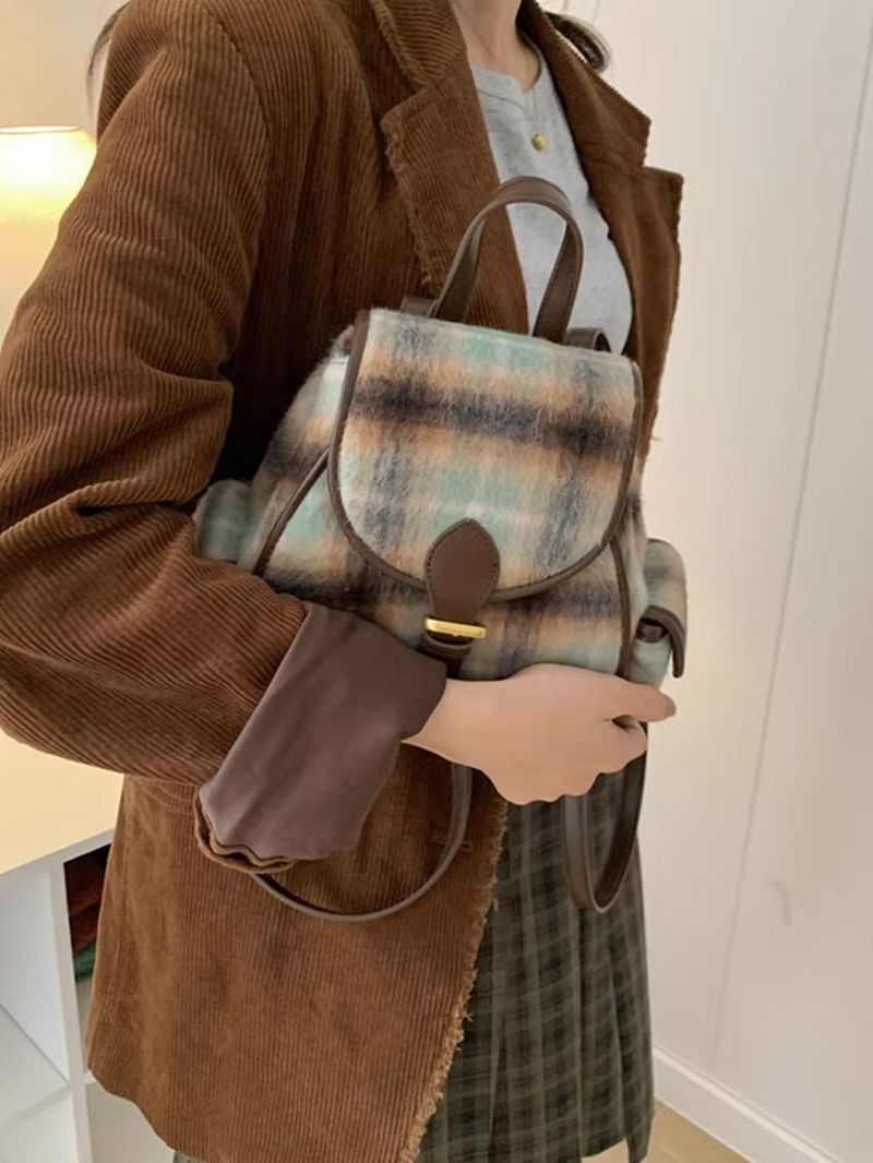Vintage Woolen Velvet Whi Checkered Autumn Winr College Style Student Backpack For Women Commuting Simple British_voghion.com