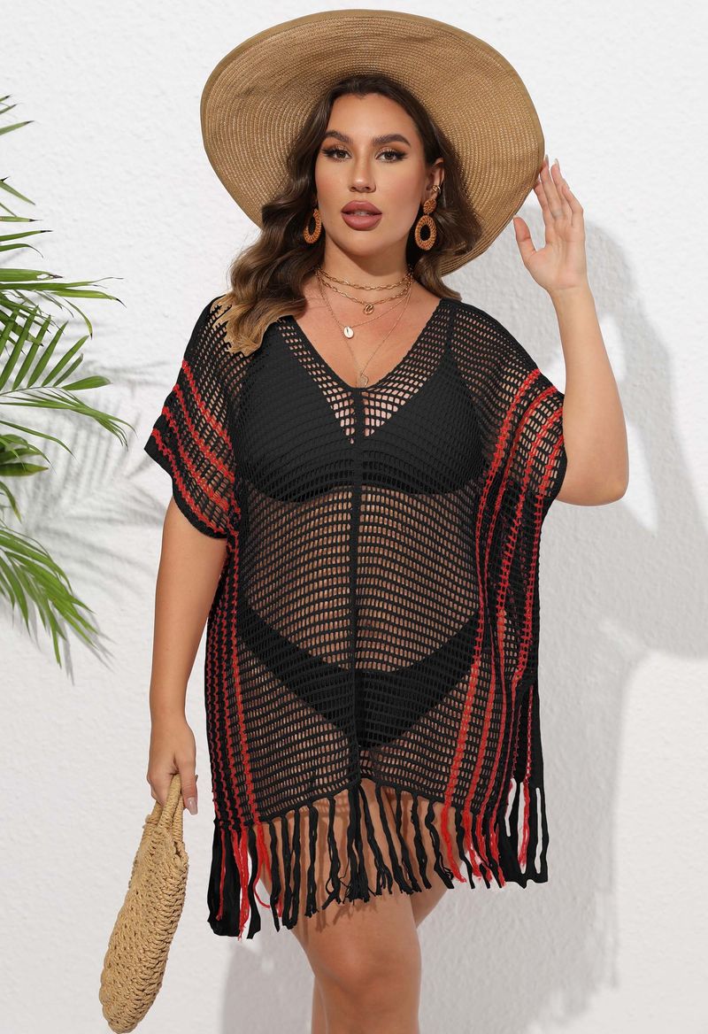 Chemisier de vacances pour femmes, grande taille, rayé, coutures contrastées, robe de plage, bikini, vêtements d'extérieur_voghion.com