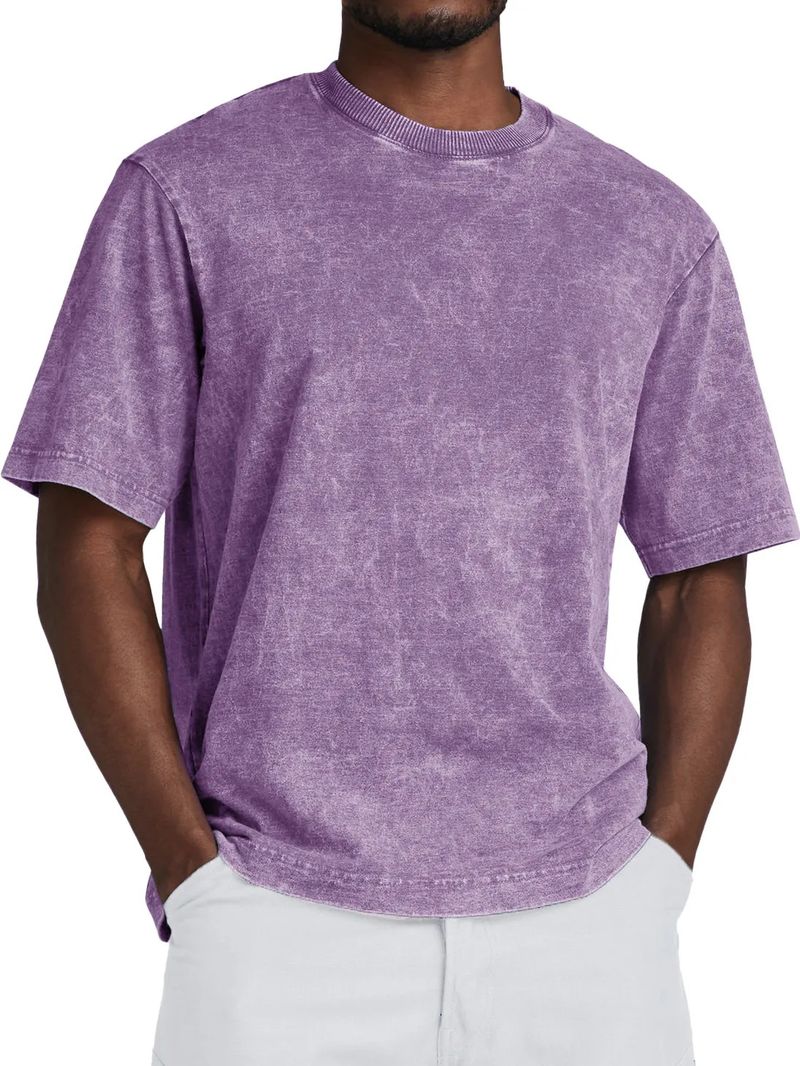 Camiseta vintage de algodão lavado para homens - ajuste macio e relaxado, respirável e confortável, gola redonda clássica, uso casual diário_voghion.com