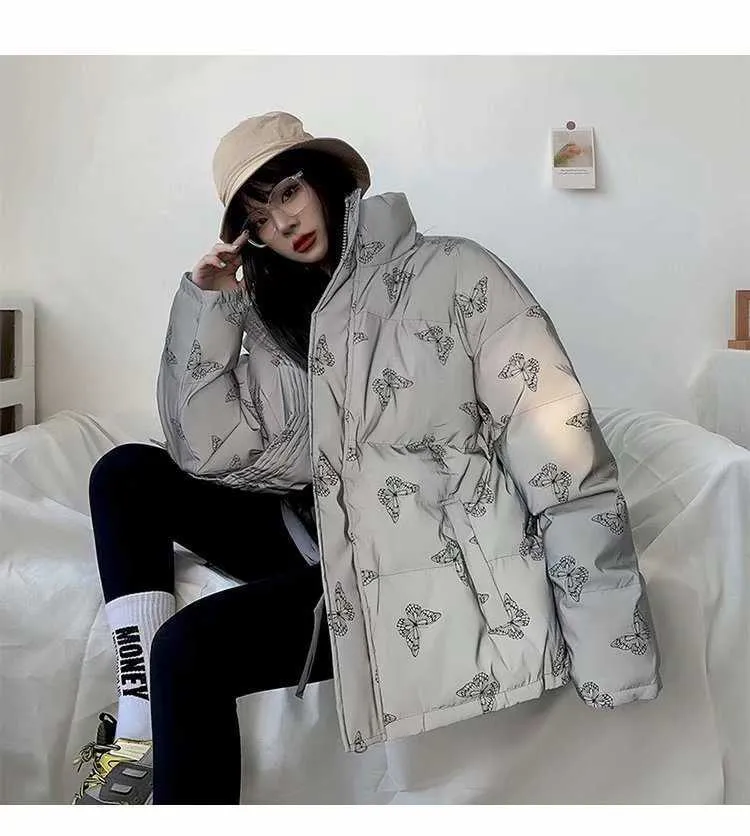 Veste parka rembourrée réfléchissante pour homme et femme, manteau d'hiver épais, coupe-vent, ample et chaud, avec papillon brillant_voghion.com