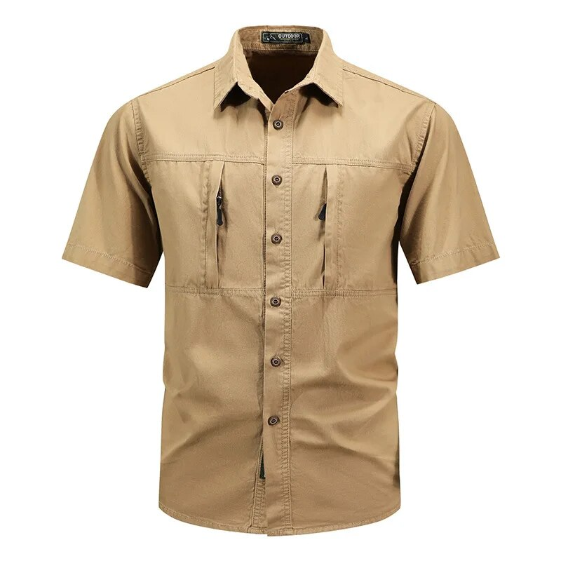 Camicie da uomo estive Camicia militare a maniche corte con risvolto tinta unita Camicia da uomo in cotone traspirante al 100% con bottoni Abiti estivi_voghion.com