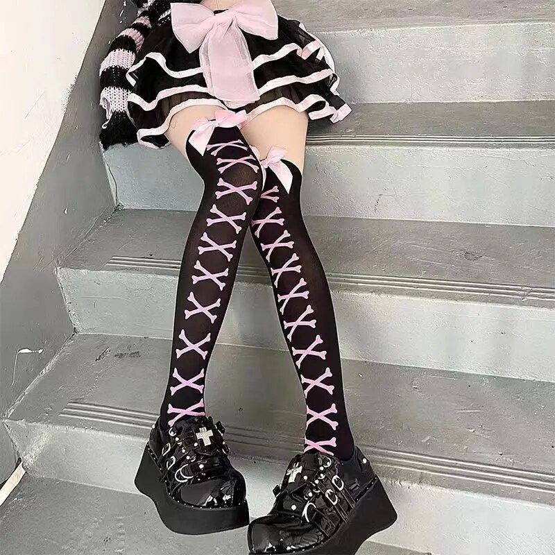Subkultur Klassisk Lolita Black Goth Söta strumpor Lårklänningar Japanska flickor Gotisk Punk Retro Spindelnät Dödskallefladdermus_voghion.com